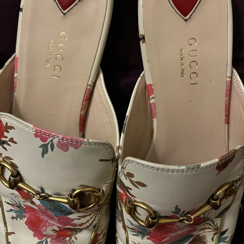 Gucci Floral Leather Horsebit Mules in Cream with Pink & Red Accents - Picture 8 of 13